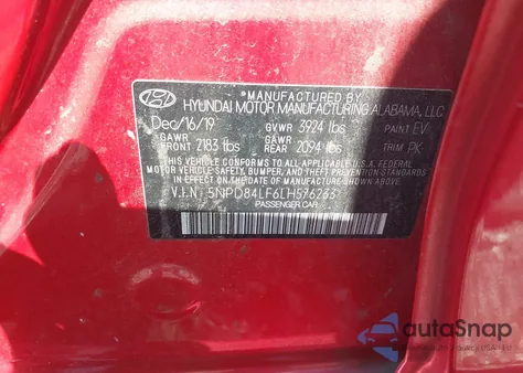 2020 Hyundai Elantra Sel z USA, uszkodzony, nr VIN 5NPD84LF6LH576233